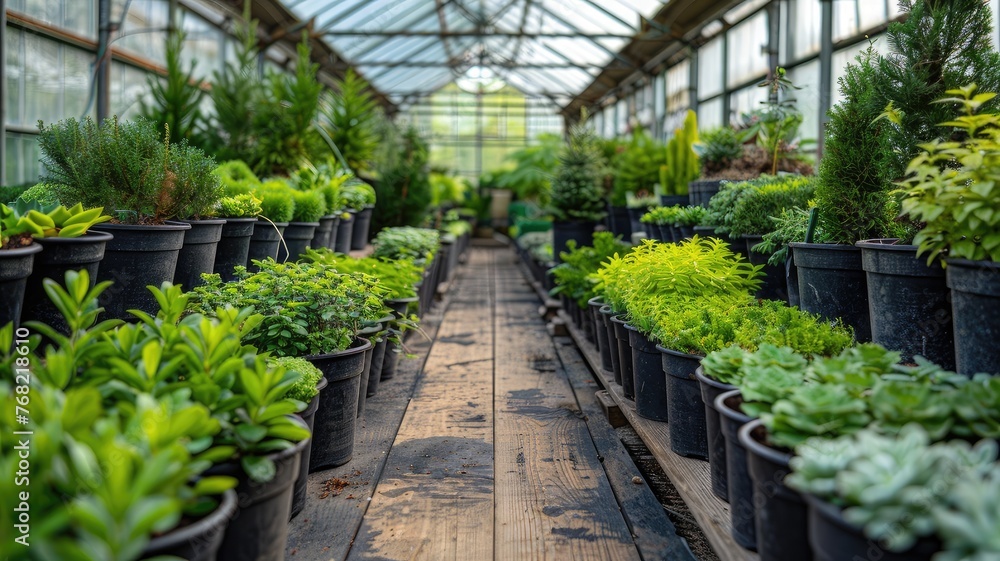 a large greenhouse filled with numerous small green shrubs housed in black pots of thujas and boxwood, flourishing under the transparent glass roof on a radiant sunny day. a large greenhouse filled with numerous small green shrubs housed in black pots of thujas and boxwood, flourishing under the transparent glass roof on a radiant sunny day.