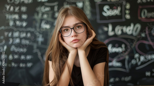A thoughtful student rests her chin on her hands against a backdrop of complex equations on a chalkboard.
