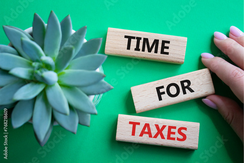 Time for Taxes symbol. Concept words Time for Taxes on wooden blocks. Beautiful green background with succulent plant. Businessman hand. Business and Time for Taxes concept. Copy space.
