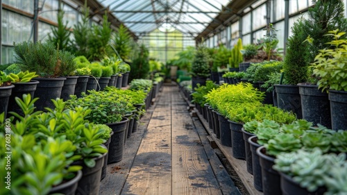 a large greenhouse filled with numerous small green shrubs housed in black pots of thujas and boxwood, flourishing under the transparent glass roof on a radiant sunny day. © lililia