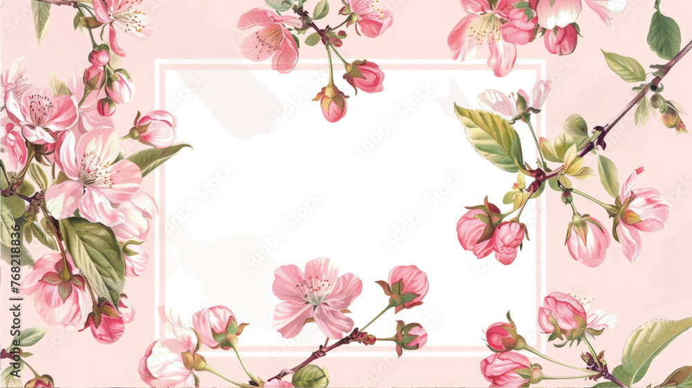Fototapeta premium Sakura Pink cherry blossom boarder frame with white copy space background watercolour style. Wedding card.