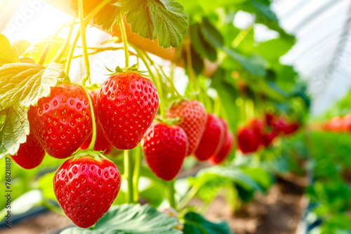 A bunch of red strawberries hanging from a plant