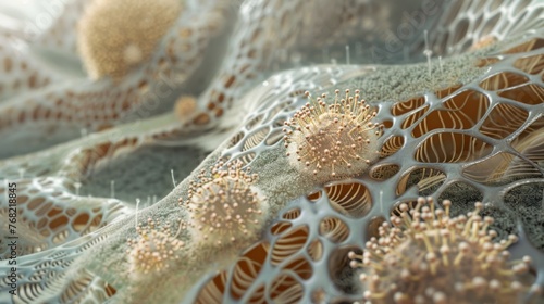 A hyperrealistic depiction of mold spores thriving on a fabric surface, emphasizing the intricate nature of fungi. photo