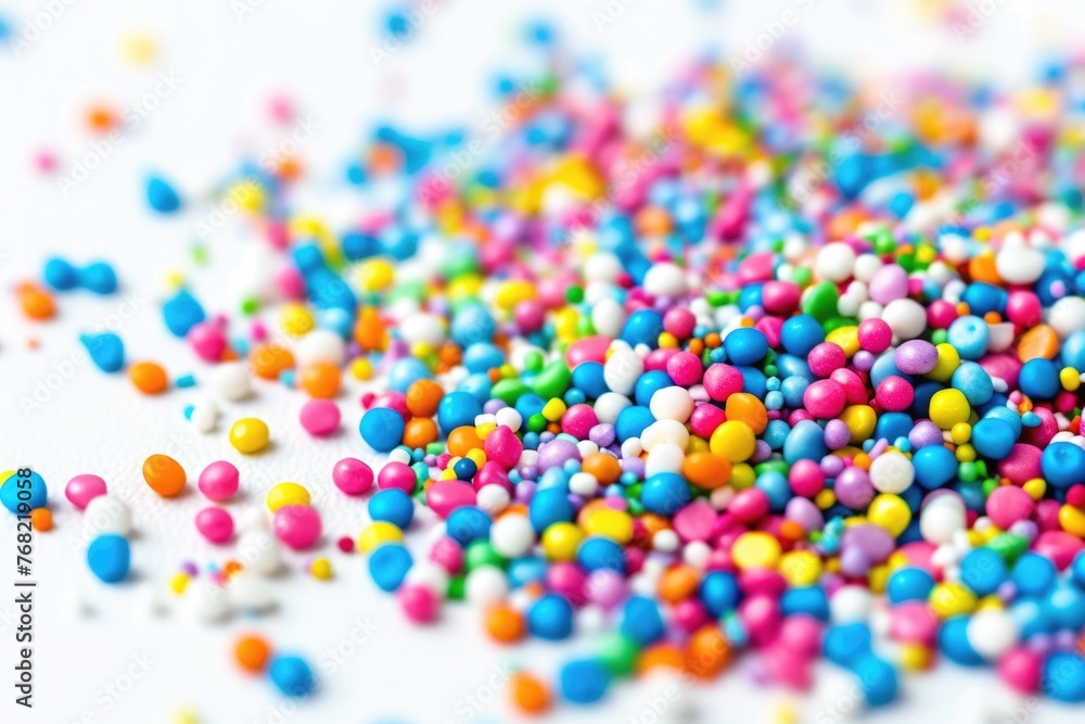 Abundance of Colorful Candy Sprinkles Isolated on a White Background - Closeup of Confetti-Like Candies in Blue and Other Vibrant Colours Abundance of Colorful Candy Sprinkles Isolated on a White Background - Closeup of Confetti-Like Candies in Blue and Other Vibrant Colours