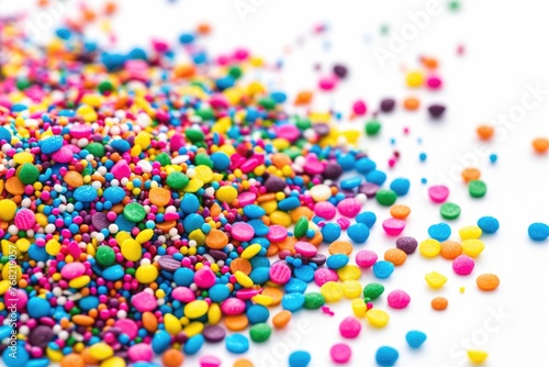 Abundance of Colorful Candy Sprinkles Isolated on White Background in Closeup. Confetti of Colours in Blue Candy