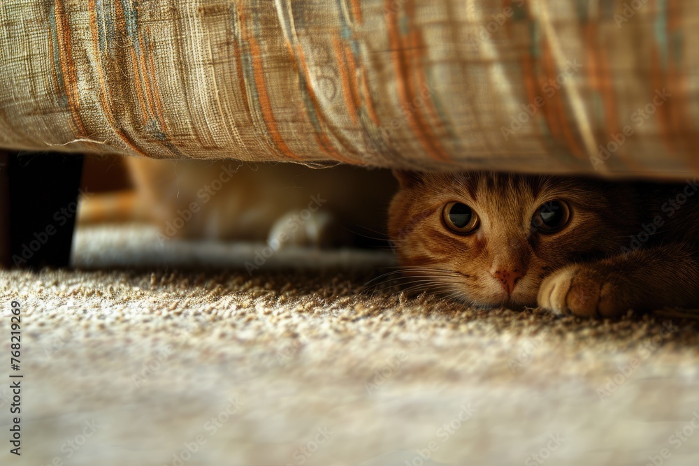 Cat Hiding Under Couch. Close-Up of Felino Alone, Hidden at Home on Carpet - obrazy, fototapety, plakaty 