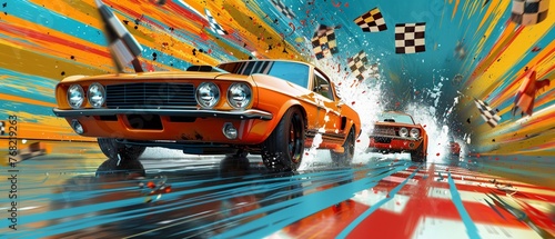 Create wallpaper featuring race cars and checkered flags for a racingthemed party photo