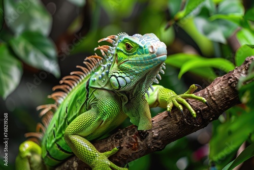 Beautiful Close-up of American Green Iguana on Central Tree Branch with Bright Colours and Background
