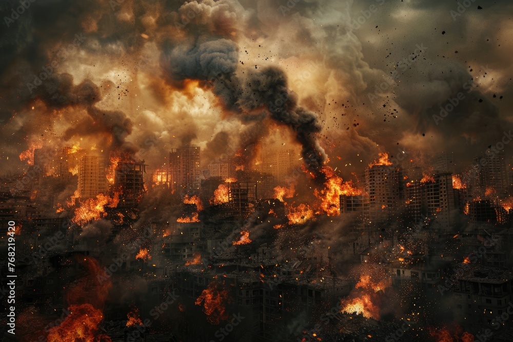 Destruction City in Flames and Smoke: A View of a City on Fire with Explosions and Disaster