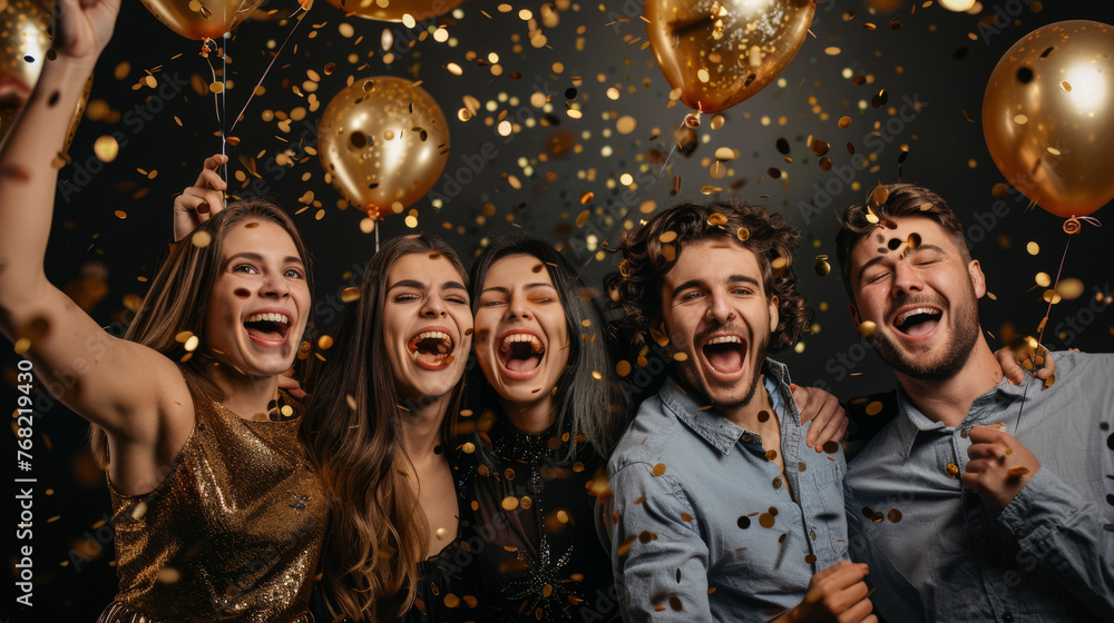 Exuberant friends laugh and celebrate with gold balloons and falling confetti. Exuberant friends laugh and celebrate with gold balloons and falling confetti.