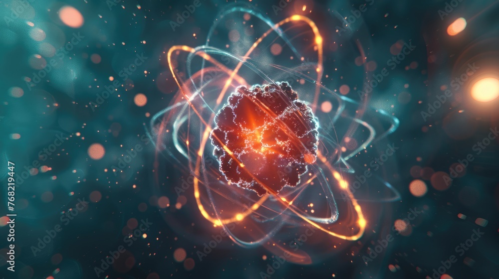Electron Cloud in Atom Anatomy: 3D Render of Atomic Structure with Neutrons and Protons. Abstract Concept of Chemistry and Quantum Mechanics - obrazy, fototapety, plakaty 