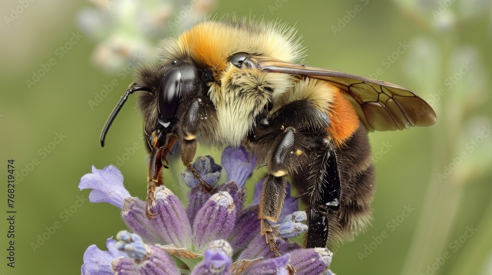 A detailed macro shot of a bee on a lavender flower, showcasing its fuzzy body and delicate wings amidst the flora. A detailed macro shot of a bee on a lavender flower, showcasing its fuzzy body and delicate wings amidst the flora.