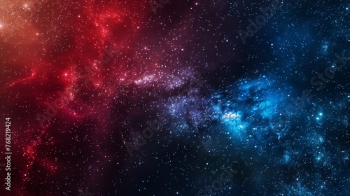The celestial drama of a cosmic sphere encompassed by red and blue nebulas  symbolizing the universe s eternal beauty.