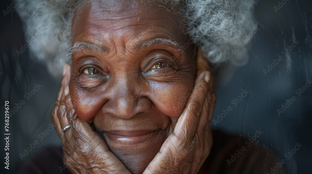 A radiant woman with a warm smile rests her face in her hands. A radiant woman with a warm smile rests her face in her hands.