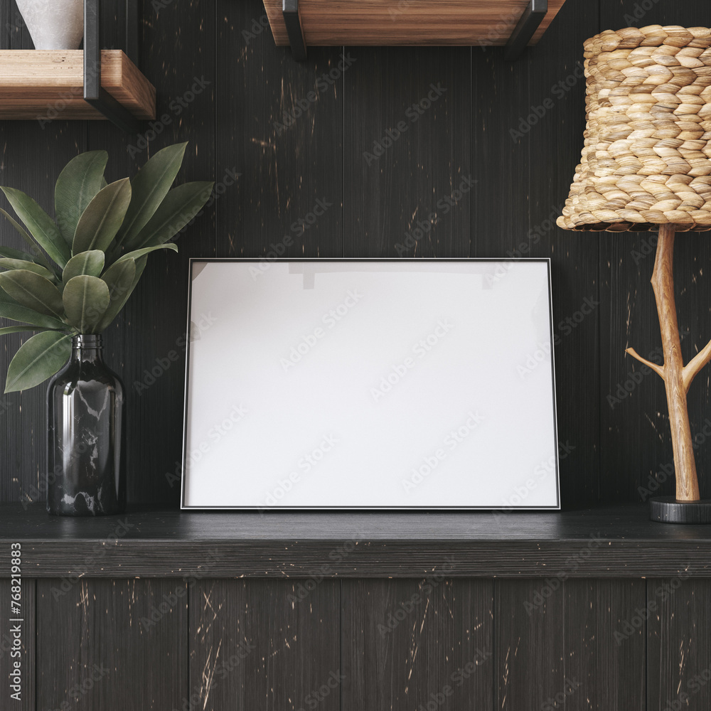 Fototapeta premium Mockup frame in black living room interior with retro decor, 3d render