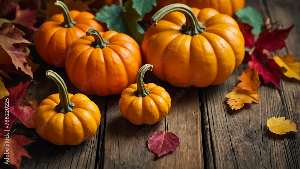 beautiful pumpkins, autumn leaves on a wooden background beautiful pumpkins, autumn leaves on a wooden background