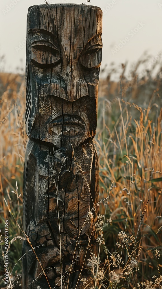 wooden totem in the field. wooden totem in the field.