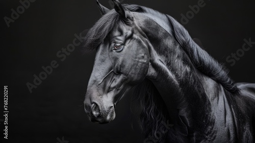Pure Beauty: Portrait of a Black Arabian Horse with Bold and Majestic Look on Isolated Dark Background © Serhii