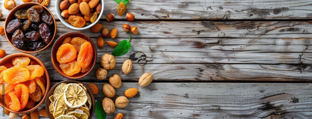 round bowls filled with dried fruits, including apricots, prunes, and assorted nuts, arranged on a wooden background with ample empty space for text or design elements.