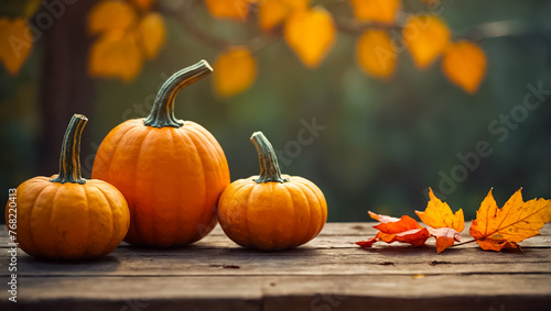 beautiful pumpkins  autumn leaves on a wooden background composition