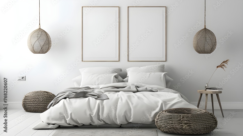 Poster mockup with two vertical frames on empty white wall in bedroom ...
