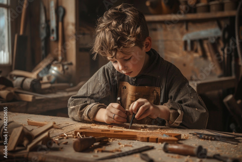 A young boy is working on a woodworking project in a workshop