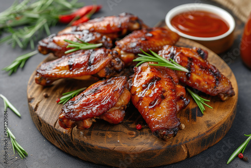 Baked chicken wings with sweet chili sauce on wooden board. 