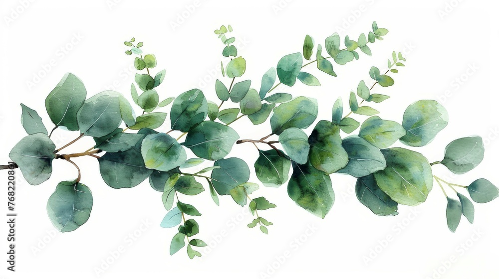 This watercolor bouquet features green eucalyptus leaves and branches ...