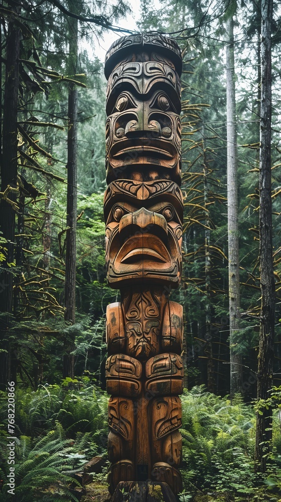 wooden totem in the forest. wooden totem in the forest.