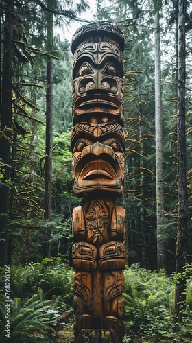 wooden totem in the forest.