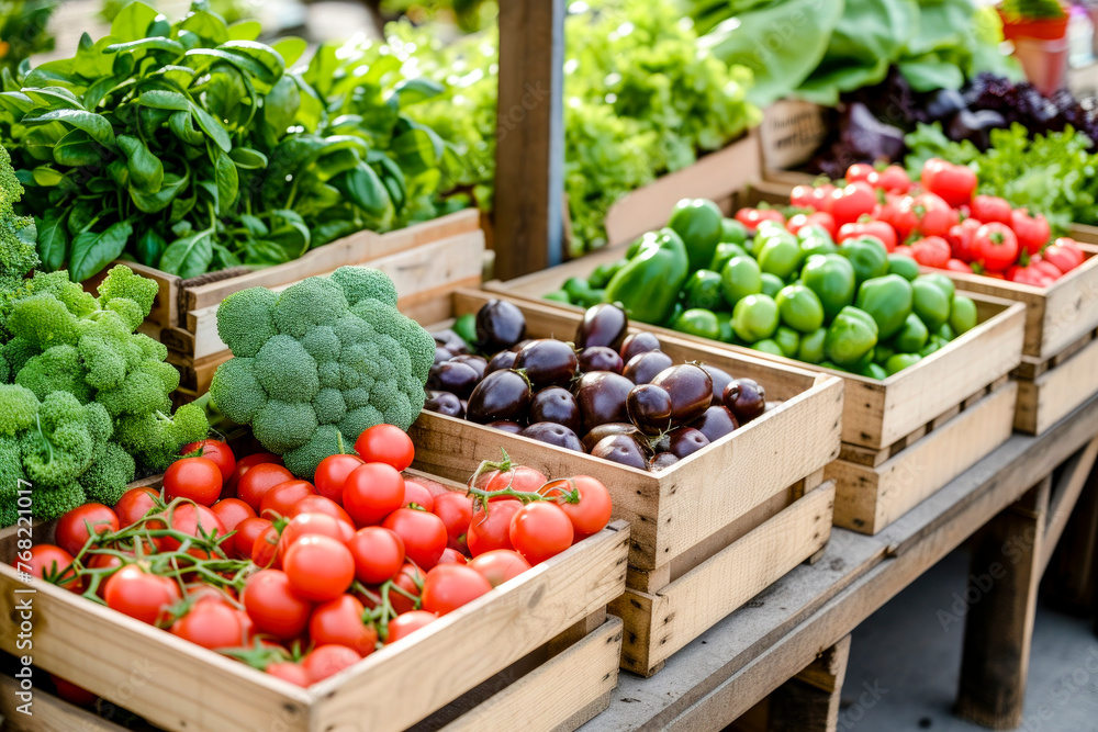 Fresh healthy vegetables in wooden boxes on table Fresh healthy vegetables in wooden boxes on table