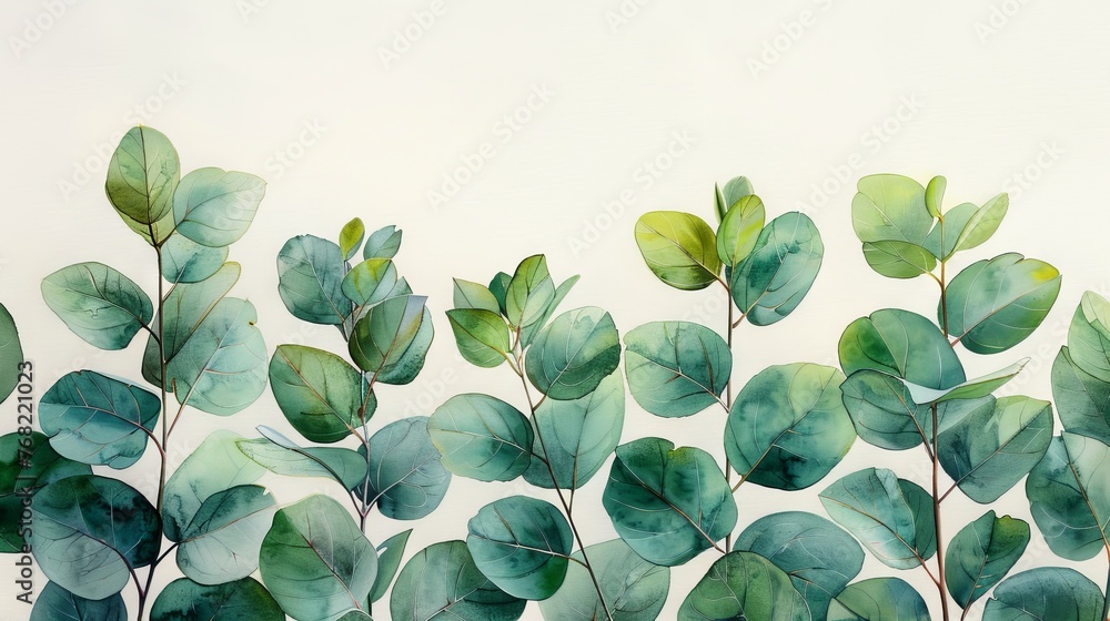 A watercolor hand painted green floral banner isolated on white background with silver dollar eucalyptus. Perfect for save-the-date cards, wedding invitations, posters, or greeting cards. - obrazy, fototapety, plakaty 
