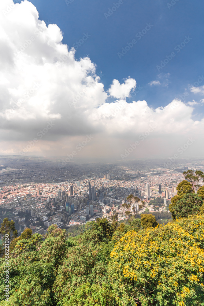 Vertical shot of the landscape of the city of Bogota in Colombia from Monserrate Hill on a sunny summer day with clouds and some vegetation
