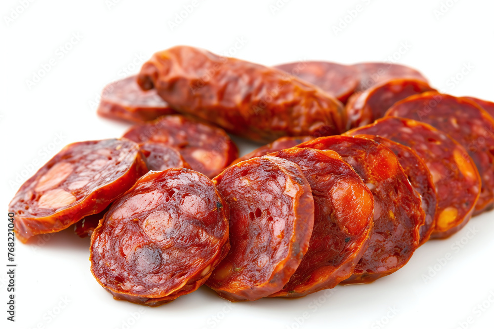 Chorizo sausage thin cut. Spanish salami with spices, paprika, pepper. Spicy food. Isolated on white background.
