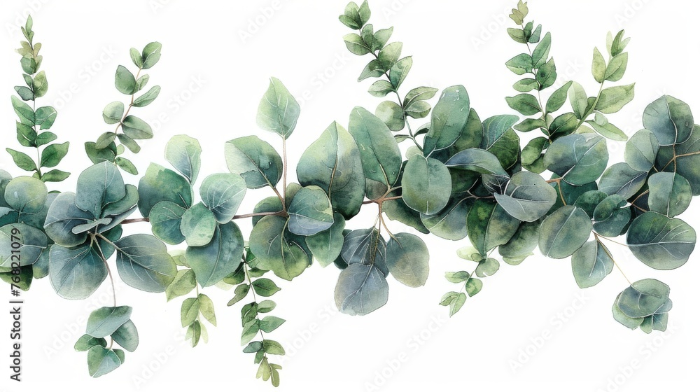 This watercolor design depicts a green floral banner with silver dollar eucalyptus isolated on a white background. It can be used on greeting cards, wedding invitations, posters, save the dates, or - obrazy, fototapety, plakaty 