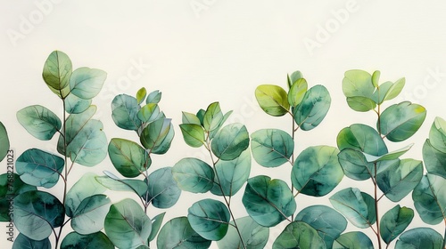 A watercolor hand painted green floral banner isolated on white background with silver dollar eucalyptus. Perfect for save-the-date cards, wedding invitations, posters, or greeting cards. #768221023