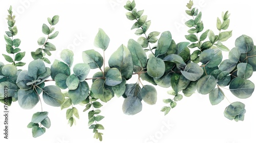 This watercolor design depicts a green floral banner with silver dollar eucalyptus isolated on a white background. It can be used on greeting cards, wedding invitations, posters, save the dates, or photo