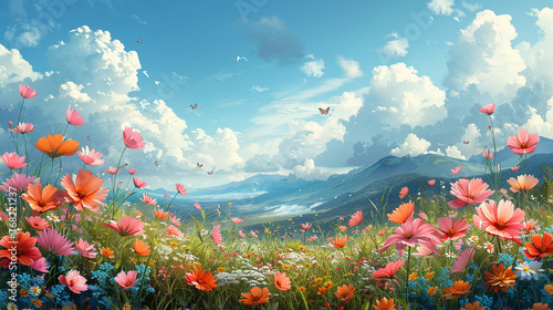 spring landscape with meadow flowers and butterflies, charmful scene