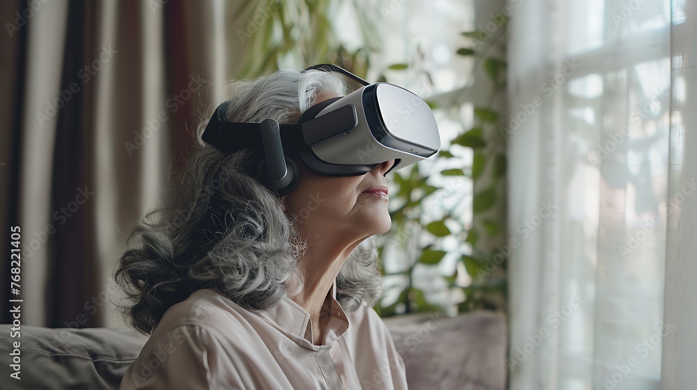 Senior Woman Enjoying Virtual Reality Experience at Home, Feeling Amazed by the Immersive Technology Senior Woman Enjoying Virtual Reality Experience at Home, Feeling Amazed by the Immersive Technology