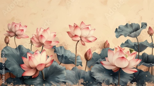 The pink lotus border is a watercolor botanical illustration.