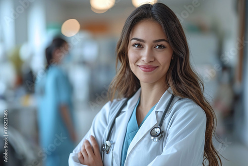 Profile photo of attractive family doc lady patients consultation friendly smiling reliable virology clinic arms crossed wear white lab coat stethoscope in hospital interior. Copy space photo