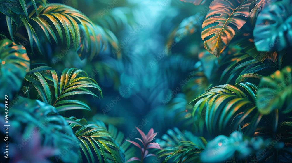 Neon Eden: Tropical Leaves in a Green and Blue Frame
