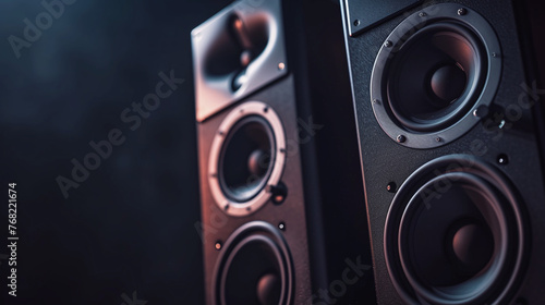 Multimedia acoustic sound speakers with neon lighting. Sound audio system with two satellites and subwoofer on dark background. Copy space