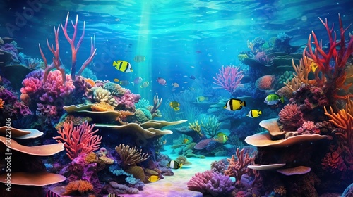 Beautiful underwater view with various coral reef and fishes and sun rays. Sea world underwater. Diving and snorkeling concept background. © Alpa