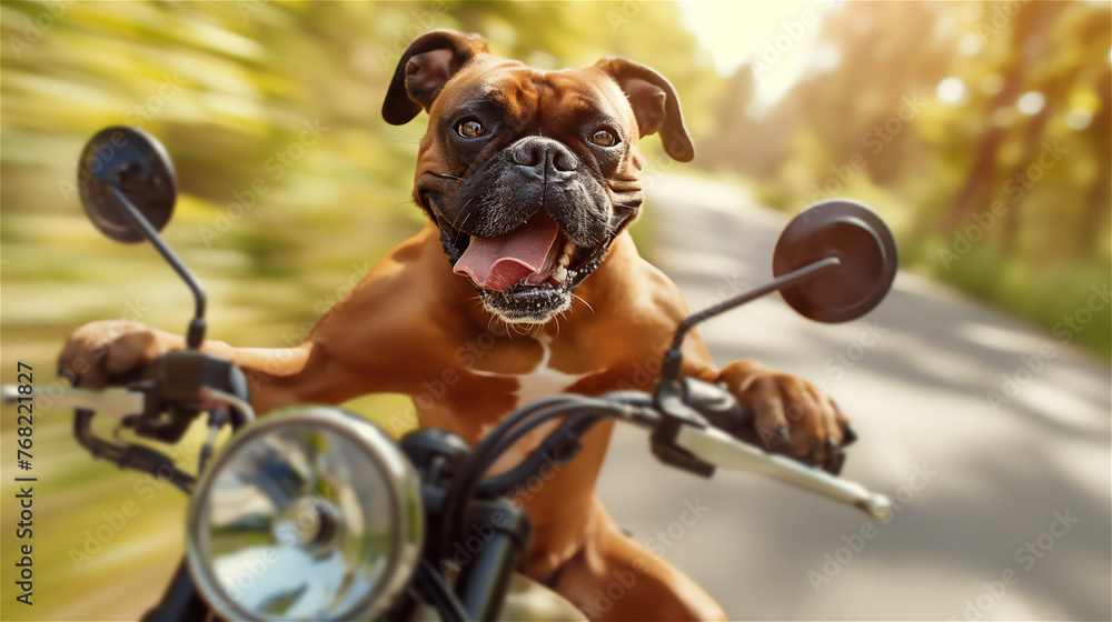 A boxer dog drives a motorcycle.