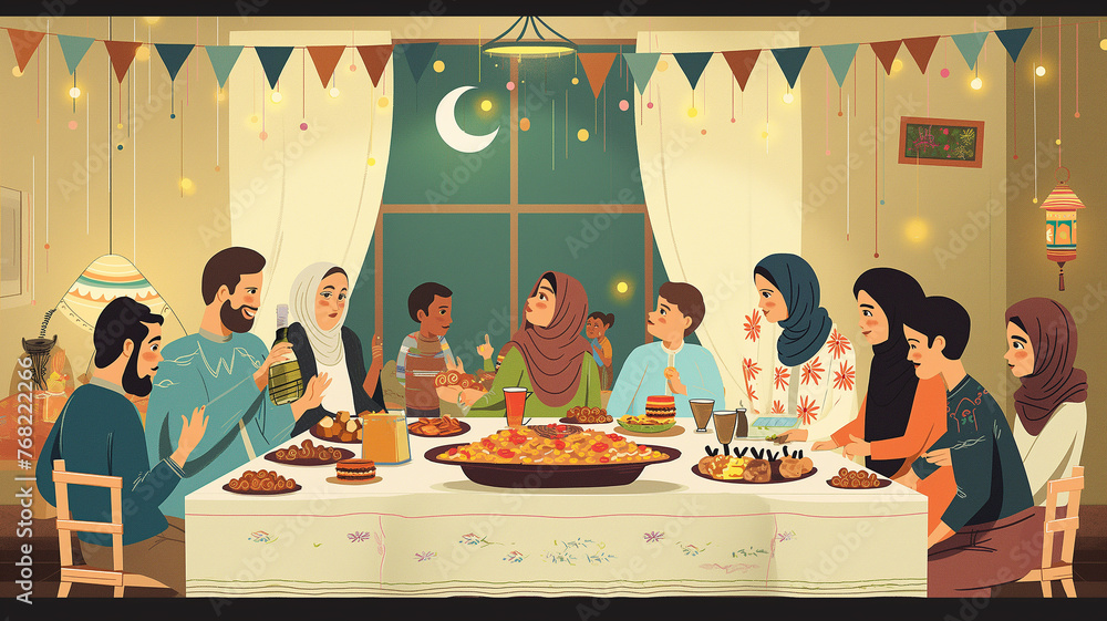 Joyful Eid Feast: Family Gathering Around the Table for a Shared Meal.