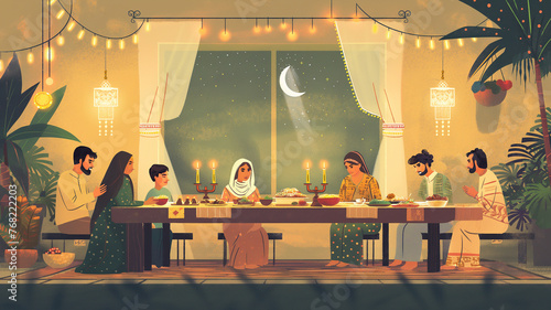 Joyful Eid Feast: Family Gathering Around the Table for a Shared Meal.