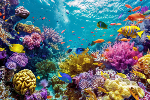 A colorful coral reef with many different types of fish swimming around