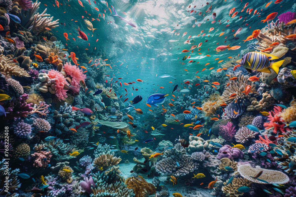 Fototapeta premium A colorful underwater scene with many fish swimming around