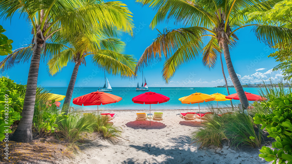 Beach with umbrella, sunbeds and yacht on the sea.